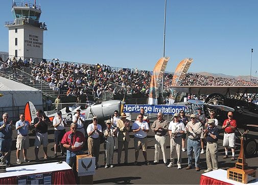 Even if your airplane doesn’t fly faster than 500 mph, you can still win a trophy at Reno. Aviation celebrities and event sponsors congratulate the winners of the 11th National Aviation Heritage Invitational, a judged competition recognizing aircraft owne
