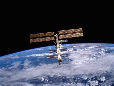 A photo of the International Space Station taken by a crewmember aboard the space shuttle orbiter&nbsp;Discovery&nbsp;in 2001.&nbsp;
