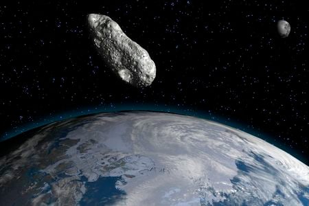 An illustration of an asteroid and the moon orbiting Earth.