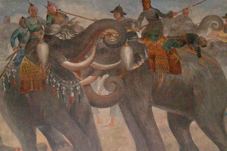 Close-up image of mural depicting the battle in Phra Ubosot, Wat Suwan Dararam, Ayutthaya, Thailand.