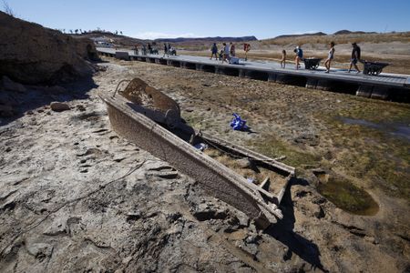 Dropping water levels in Lake Mead, a reservoir of the Colorado River, revealed this formerly submerged boat.