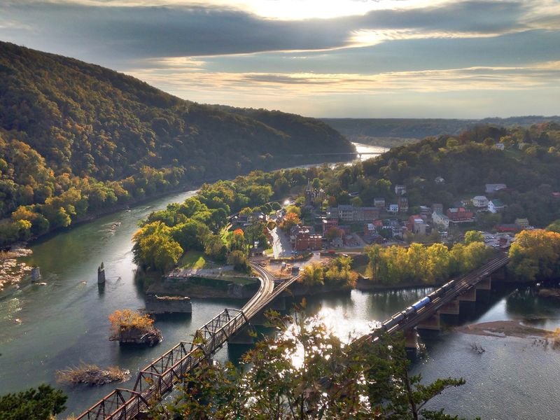 A goldenhour view of Historic Harpers Ferry, West Virginia ...