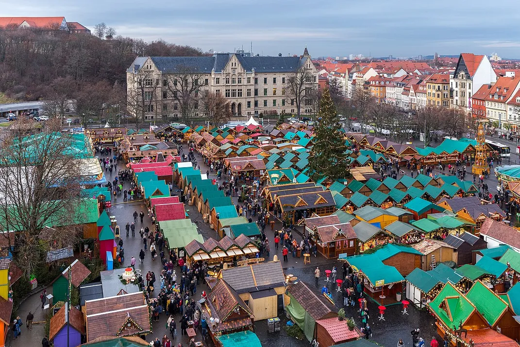 Aerial view of the Erfurt, Germany, Christmas market