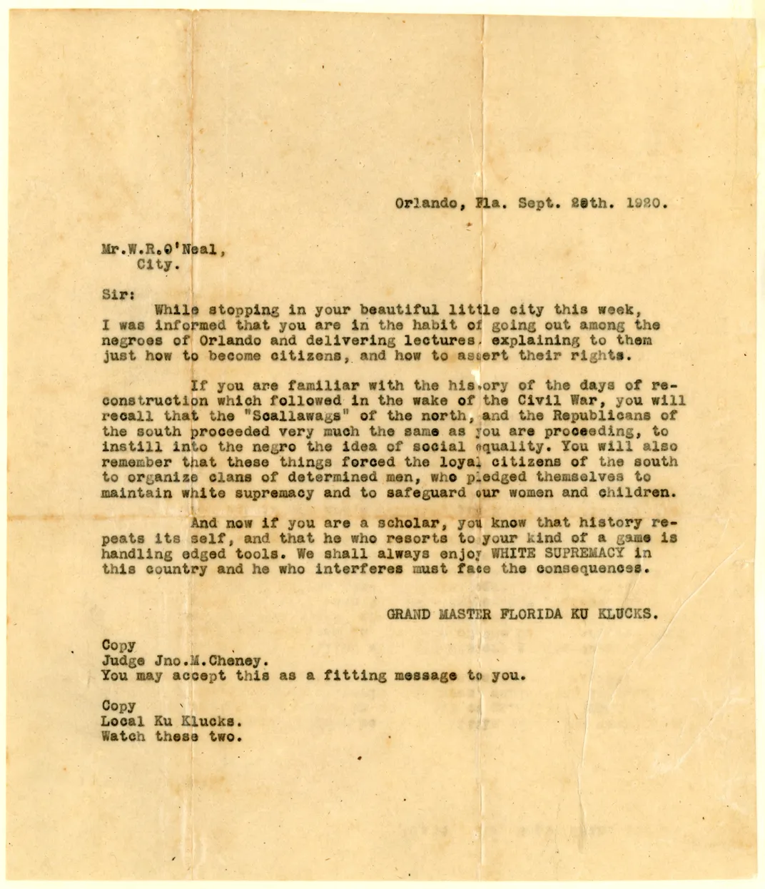 A letter sent to Judge John Cheney ahead of the 1920 election