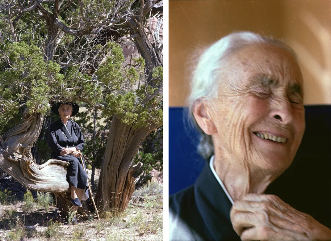 Georgia O'Keeffe in a tree and laughing