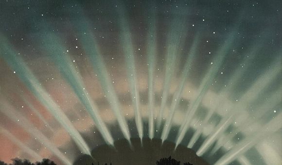 In this pastel drawing, 14 bluish white rays radiate out and upward from a dark half-moon shape flanked by trees. White stars are visible in the night sky.
