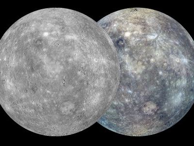 A black and white (left) and color (right) map of Mercury’s surface.