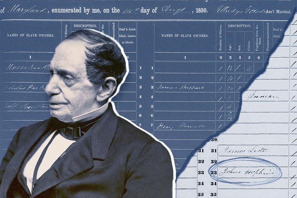 A composite image of Hopkins, center, wearing a fancy suit and looking seriously off to the side; behind him, a cutout of the slave schedule which reads "slave households in ... the county of Baltimore..." and lower right, Hopkin's name (circle added)