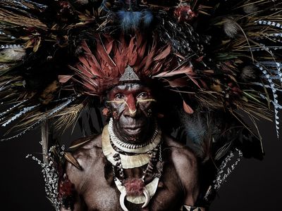 Joseph Kayan, a Goroka Show participant from Chimbu Province, wears boar tusks and the tail of a tree kangaroo around his neck. The design of his headdress is specific to his village: it includes bird-of-paradise feathers, with reeds to fill out the shape. His armlets hold sprigs of plants from his region.