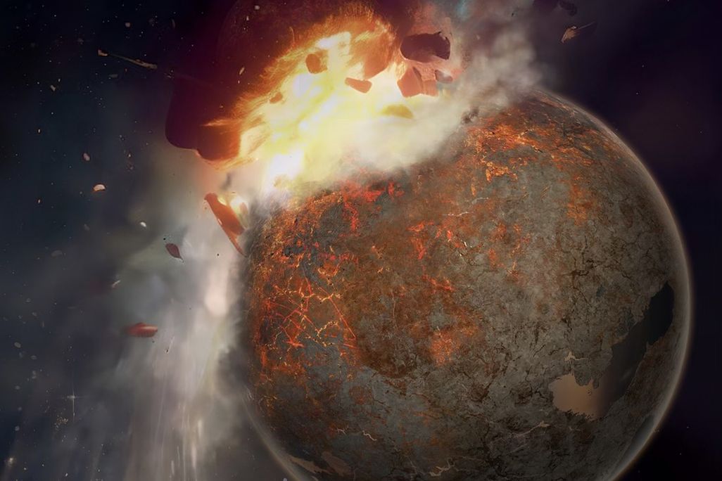 Drawing of a smaller planet colliding with Earth in a fiery impact