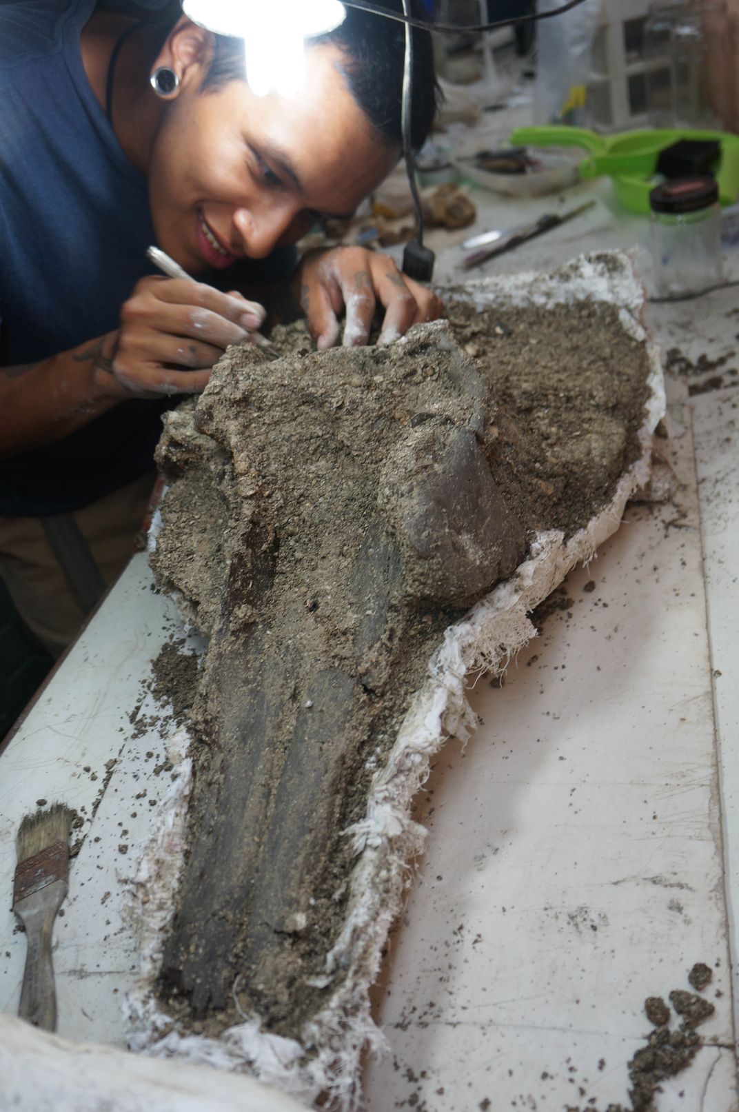 Paleontologist working on skull-shaped object