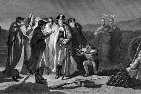 French and Indian War: "The Night Council at Fort Necessity." Ilustration
