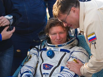 “What’s that smell?” Padalka safely on the ground after his last Soyuz landing in 2012.