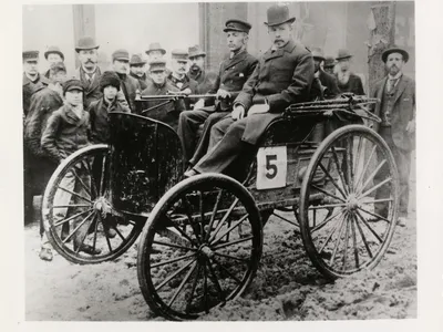 J. Frank Duryea, left, and race umpire Arthur W. White, right, in the 1895 Duryea during the Chicago Times-Herald race, the first automobile race in the U.S.