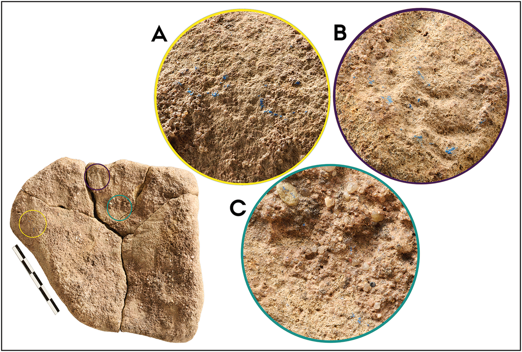 Four close-up images of sandstone with specks of blue in it