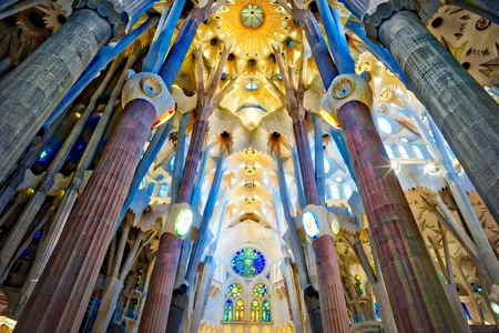 The interior of the Sagrada Familia, the unfinished basilica in Barcelona, Spain