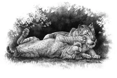 Illustration of Smilodon fatalis cubs playing
together.