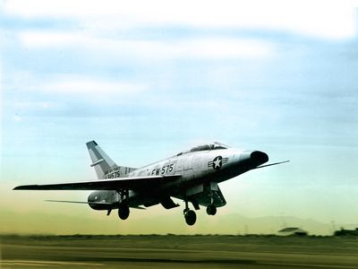 The F-100 was the first fighter to exceed Mach 1 in level flight.
