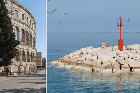 Left,&nbsp;the Pula Arena is the sixth-largest Roman amphitheater still standing and one of the best preserved. Right,&nbsp;the port in the coastal town of Fažana.
