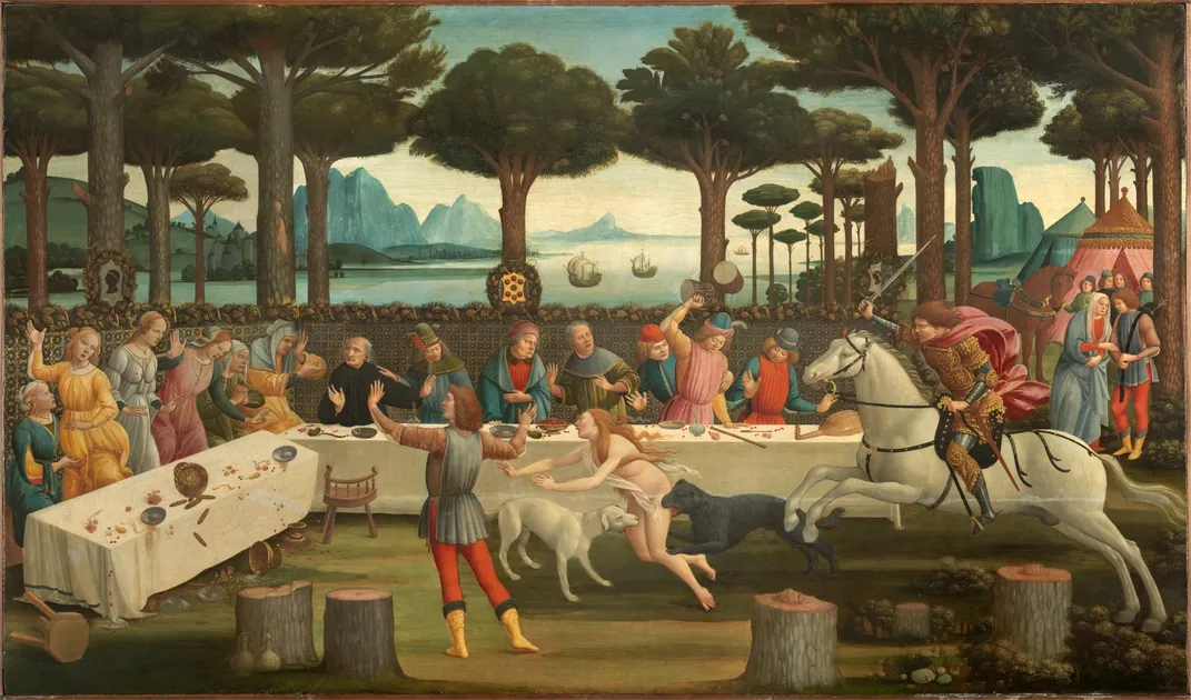 Sandro Botticelli painting The Banquet in the Pine Forest (1482-1483),