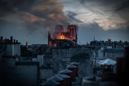 Smoke and flames rise from Notre-Dame Cathedral on April 15, 2019.