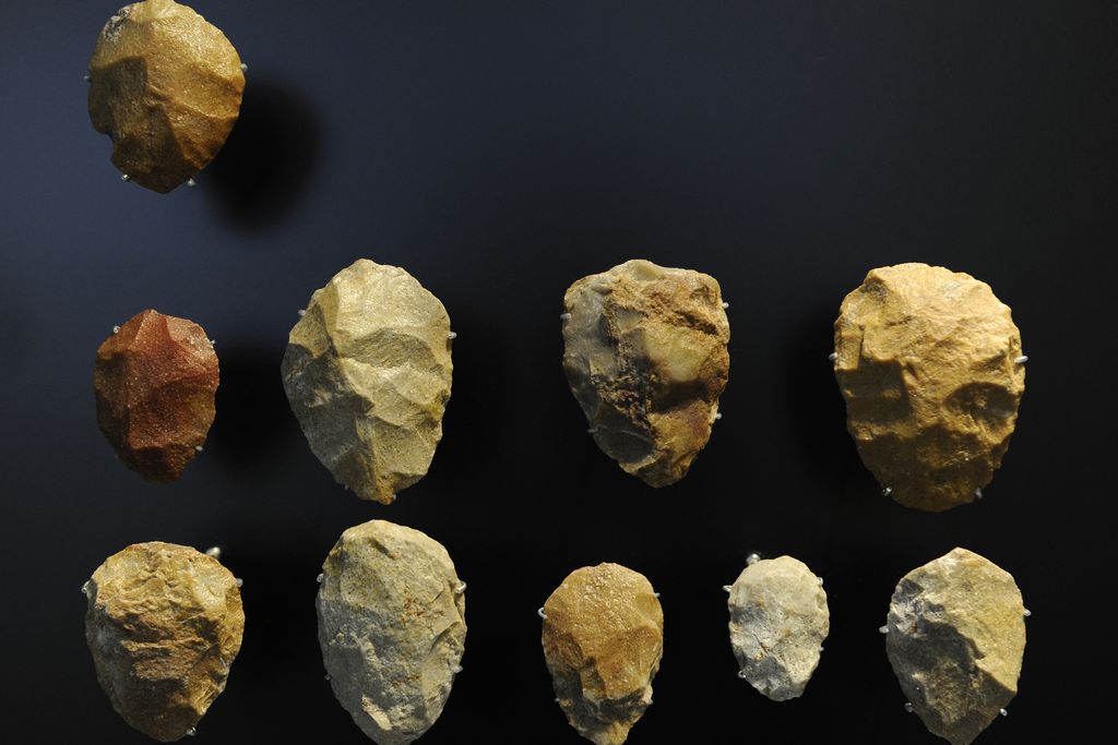 Hand axes made of quartzite from between 100,000 and 40,000 B.C.E. at the National Museum of Denmark in Copenhagen.
