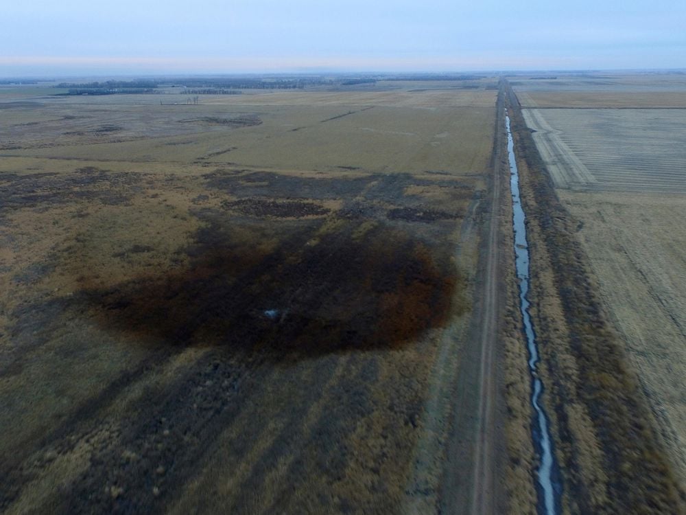 This aerial photo shows spills from TransCanada Corp.'s Keystone pipeline leak