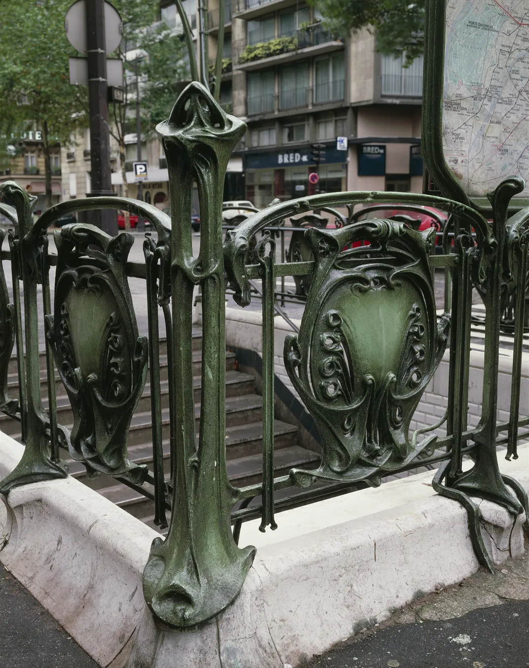 Detail of the Art Nouveau railings at the entrance to the Paris metro, the work of the architect Hector Guimard