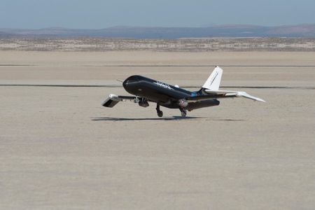 The 200lb Prototype Technology-Evaluation Research Aircraft (PTERA) landing during the first test series. The second set of tests will begin sometime this fall. 
