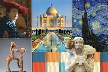 Image of five works of art, including a painting with a girl in a red hat, the Taj Mahal, Starry Night, a statue of a calf-bearer, and an equestrian statue.