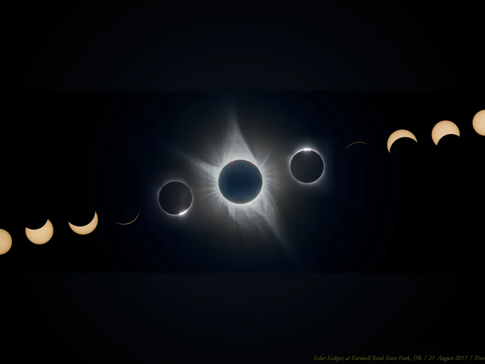 phases of a total solar eclipse, with totality and the corona in the middle