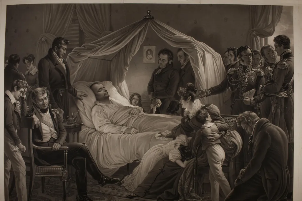 A black and white melodramatic depiction of the scene, with Napoleon on a white bed lying surrounded by grieving people