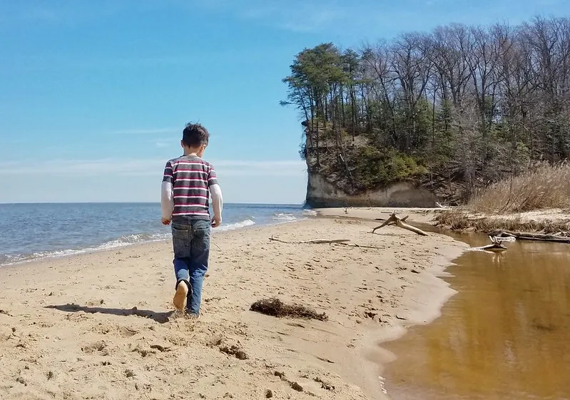 Boy walking on beach at Westmoreland State Park.jpg