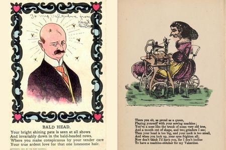 A pair of vinegar valentines poking fun at the recipients&rsquo; looks