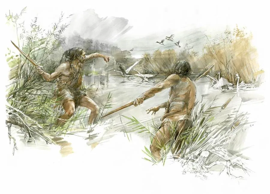 Two early hominins hunting with throwing sticks 