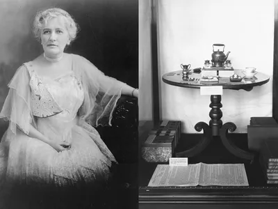 Left, a photograph of Helen Hamilton Gardener circa 1920. Right, an image of the Smithsonian's NAWSA exhibition, featuring the table upon which the "Declaration of Sentiments" was written.
