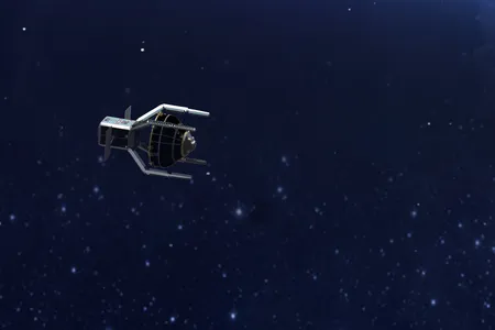 An artist's impression of the upcoming ClearSpace-1 robot using its four arms to capture a piece of space debris that was left behind in 2013.