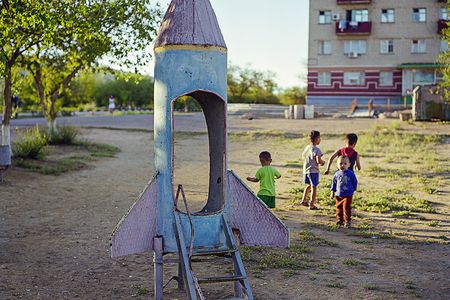 Three Ways to see a rocket in Baikonur: A child’s slide (and not much else) sits in a makeshift playground just off the main street of Baikonur, formerly known as Leninsk.