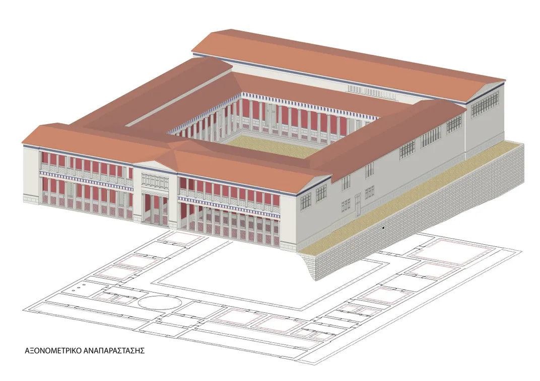 Philip’s vast royal complex, covering an area of nearly four acres, larger than any monument in Athens, must have reminded his Greek neighbors that his kingdom had defeated them. Philip’s stone and tile-roofed palace (full reconstruction drawing and schem