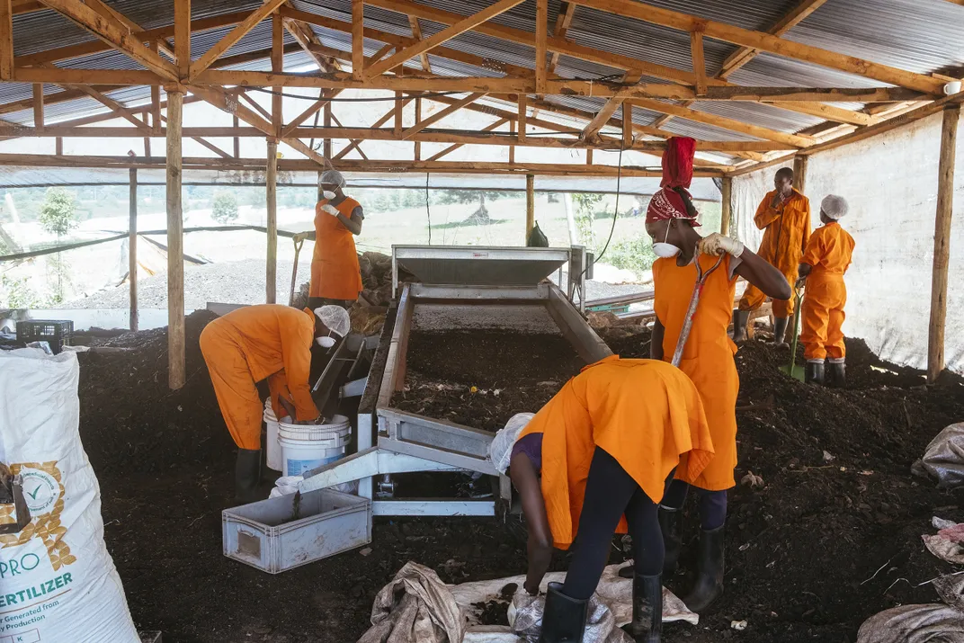 InsectiPro staff process the waste left behind by the larvae and bag it to be sold as a nutrient-rich fertilizer that can help replenish soil quality.