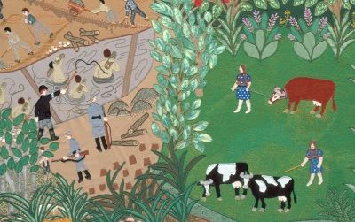 Esther Nisenthal Krinitz' fabric depiction of pasturing livestock next to a Nazi labor camp in Poland
