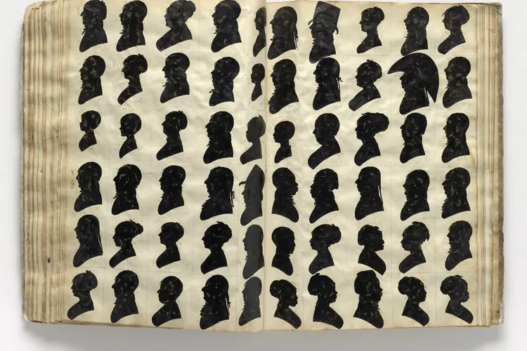 Page spread from William Bache’s Silhouettes Album, black paper-coated silhouettes mounted on paper