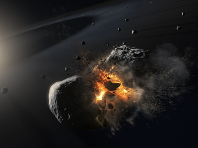 An artist's illustration depicting the collision of two 125-mile-wide asteroids orbiting the star Fomalhaut, located 25 light-years away.