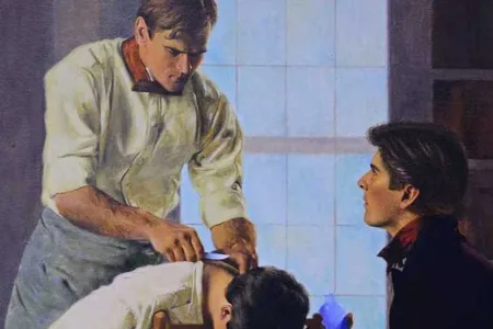 An illustration of Crawford Long removing a tumor from the neck of James Venable.