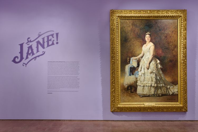 A portrait of Jane Stanford next to wall text about her life