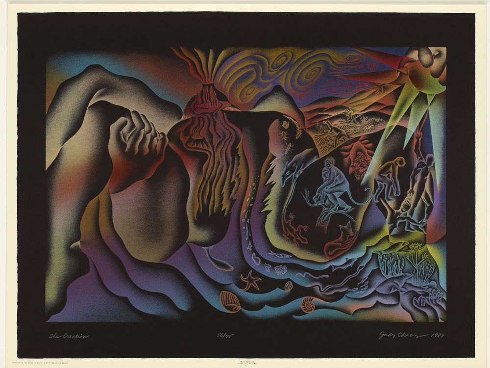 A colorful nature scene shows a bursting creation of the world, hearkening back to female power.