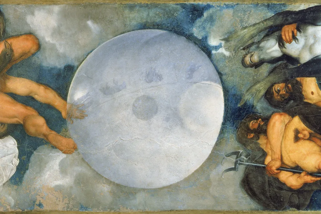 A mural of three gods, men in robes in the sky, surrounding a huge blue-gray orb in the center of the composition