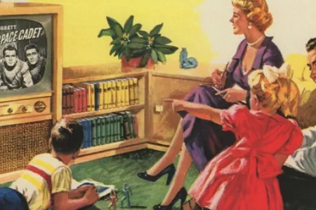 Portion of a magazine ad for Friedman-Shelby shoes showing an American family watching TV (1954)