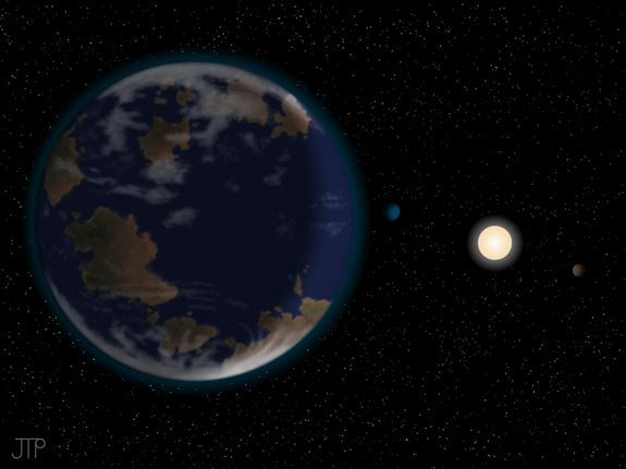 An artist’s rendering of the theorized Earth-like planet, potentially capable of containing liquid water.