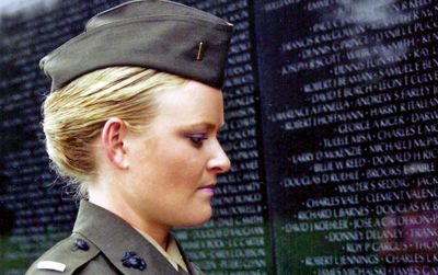 Lieutenant Elle Helmer, US Marine Corps, at the Vietnam War Memorial